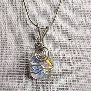 Handmade Necklace Iridescent Glass Pendant Wrapped in Silver Wire 14” Chain